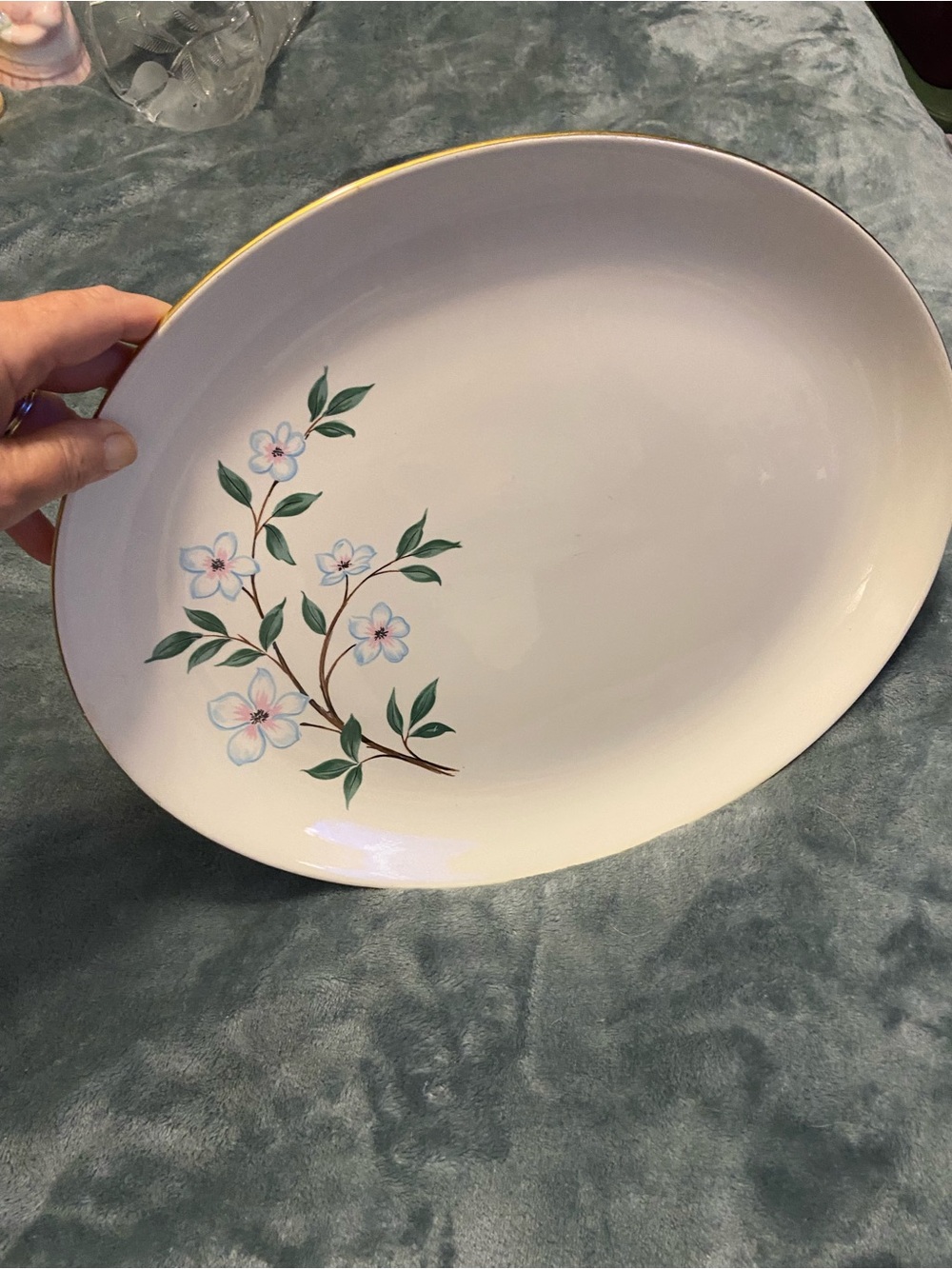 Homer Laughlin White Platter with Blue Floral Sprig and Gold Trim